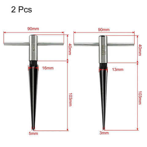 Two-piece Guitar Bridge Pin Hole Reamer Set With T-Handle, 2-Piece HSS Tapered Reamers For Precise Woodworking, dimensions labeled