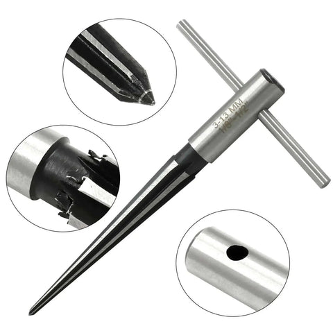 Guitar Bridge Pin Hole Reamer Set With T-Handle, 2-Piece HSS Tapered Reamers for woodworking, close-up of detachable metal tool