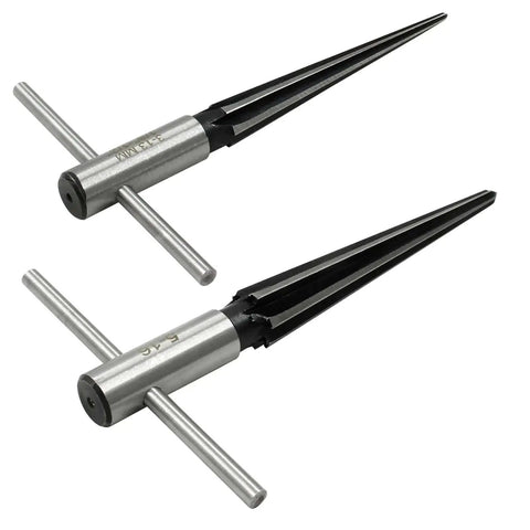 Two pieces of Guitar Bridge Pin Hole Reamer Set With T-Handle, 2-Piece HSS Tapered Reamers For Precise Woodworking displayed side by side.
