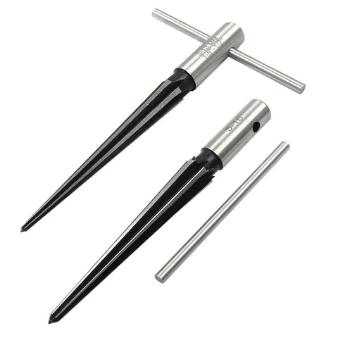 Guitar Bridge Pin Hole Reamer Set With T-Handle, 2-Piece HSS Tapered Reamers For Precise Woodworking showing metal reamers.