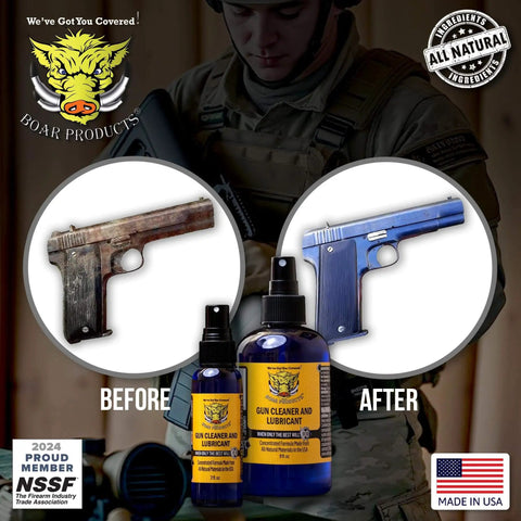 Premium Gun Cleaner And Lubricant CLP Spray For Metal Surfaces With Deep Cleaning Power shown in before and after use on a handgun