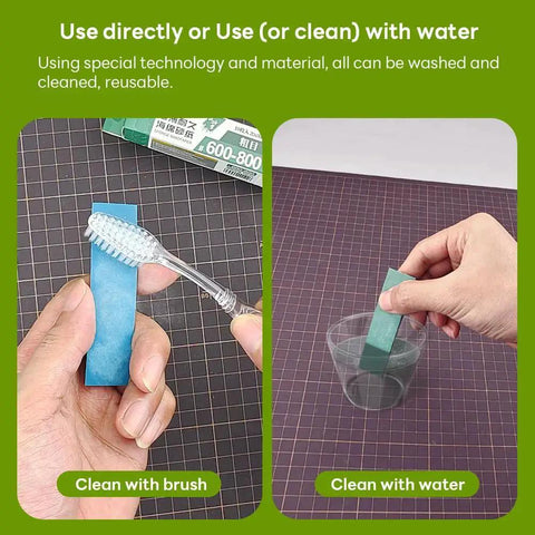Demonstrating cleaning a Gundam Model Sanding Sponge Kit 400 To 1200 Grit Wet Dry Reusable 30 Sheets with brush and water