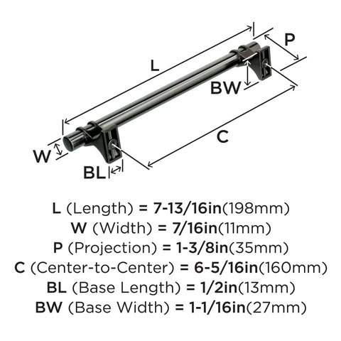 Gunmetal Transitional Cabinet Pull Davenport Style Six And Five Sixteenths Inches Center To Center 160 Mm dimensions diagram