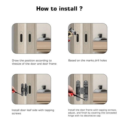 Installation steps for Hidden Door Hinge Set Gunmetal Grey 180 Degree Adjustable Concealed and Invisible Hinge 2PCS.