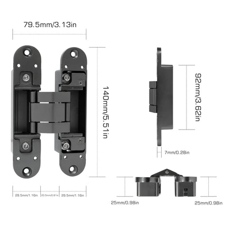 Hidden Door Hinge Set Gunmetal Grey 180 Degree Adjustable Concealed and Invisible Hinge 2PCS dimensions view