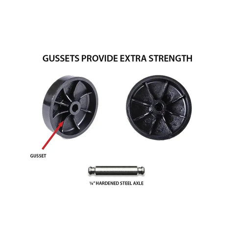 Black wheel with gussets and steel axle for 2 Inch Wheel Diameter Hooded Twin Wheel Caster With Brake And U Clip Stem.