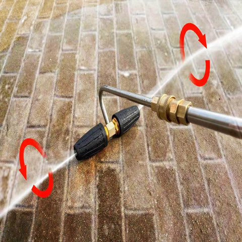 Gutter Cleaner Attachment For Pressure Washer With Two Rotary Turbo Nozzles And Quarter Inch Quick Disconnect on brick surface