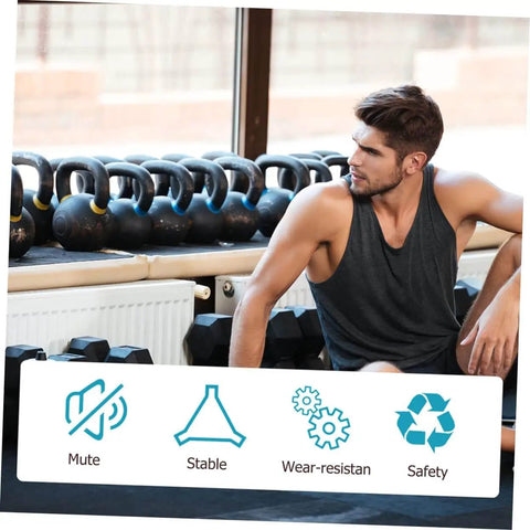Man sitting in gym with kettlebells; icons show mute, stable, wear-resistant, safety features of gym equipment.
