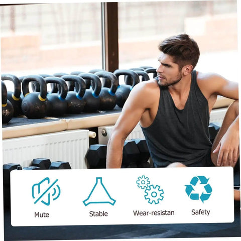 Man sitting by gym window with kettlebells and dumbbells, overlay with icons for mute, stability, wear-resistance, safety.