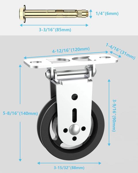 Gym Pulley Blocks, 3.5Inch/88mm Wall Mount Fixed Pulley Wheel, Upgrade Rotation 180 Degree, dimensions with bolt shown