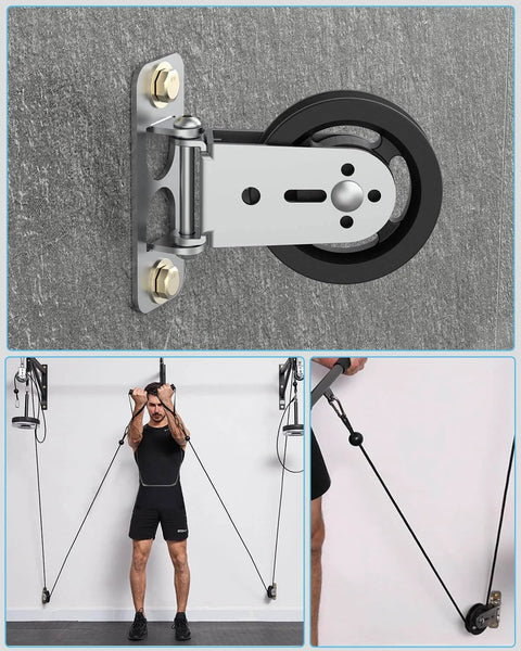 Gym Pulley Blocks, 3.5Inch/88mm Wall Mount Fixed Pulley Wheel, used in DIY fitness setup, showing installation and use.