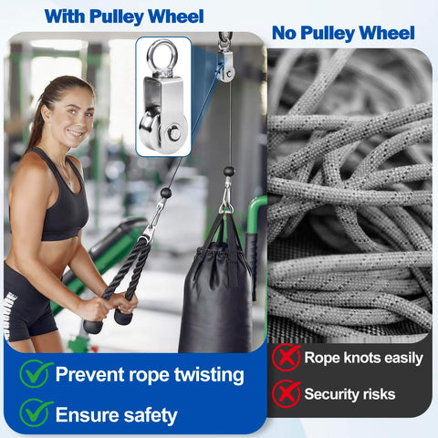 Gym setup showing woman using cable pulley wheel system with M34 single pulley snatch block to prevent rope twisting and ensure safety.