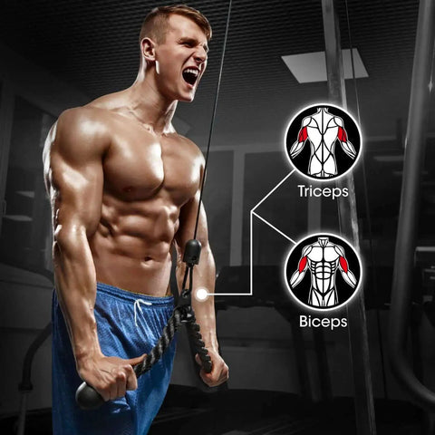 Man using tricep rope from Combo Cable Attachment Set For Home Gym Includes Tricep Rope 27 Inch Double D Handle With Rubber Grips Straight Bar And V Bar Multi Cable Machine Accessories For Lat Pulldown And Tricep Press Down