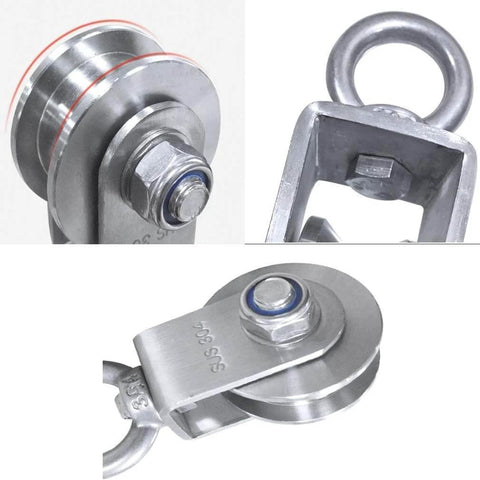 Two-pack H-groove stainless steel pulley wheels for sliding doors and rail systems, 16 mm groove, close-up on dual bearings.