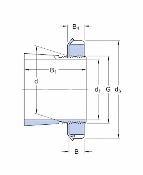 H2322 bearing adapter sleeve with lock nut and washer, cross-section diagram with blue nuts and dimension lines