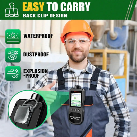 Field professional wearing Compact H2S Gas Detector Clip On For Field Pros With 0 To 100 PPM Range Three Alarm Modes, protective gear shown.