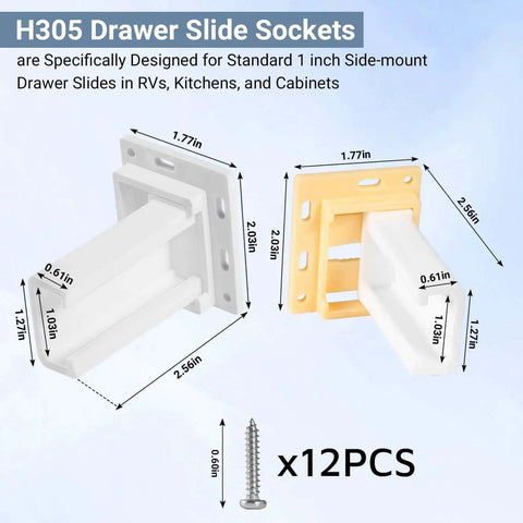 2 Pack Drawer Slide Socket Set For 1 Inch Drawer Slides, C-Shaped Adjustable H305 Bracket with screws, front and side view