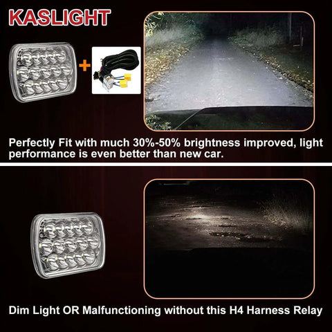 Two Headlight Wiring Harness Kit With H4 Relay For 9003 6054 H6054 LED Headlights, demonstration of brightness improvement with kit