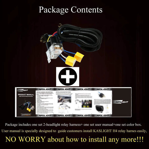 Two Headlight Wiring Harness Kit With H4 Relay For 9003 6054 H6054 LED Headlights, LED Connector Socket Kit for Toyota Tacoma 1995 to 1997 and 1988 to 1995 Pickup, Plug and Play Fix for Dual Light Dim and Dual Ground Problems package contents displayed with relay and user manual.