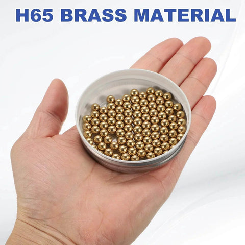 100-Pac Bearing Balls, 6mm Precision H65 Brass Bearing Balls in a hand for Machinery, Automotive, and DIY