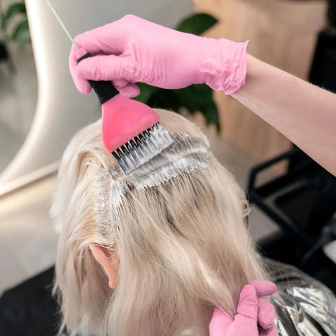 Nitrile Exam Gloves 4 Mil Medium Cherry Blossom Powder Free Latex Free Food Safe used during hair dye application