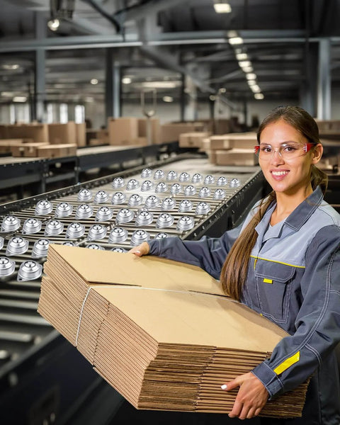 Worker holding cardboard with 30 Pcs 1/2 Inch Roller Ball Transfer Bearings Carbon Steel Ball Casters in a conveyor factory setting