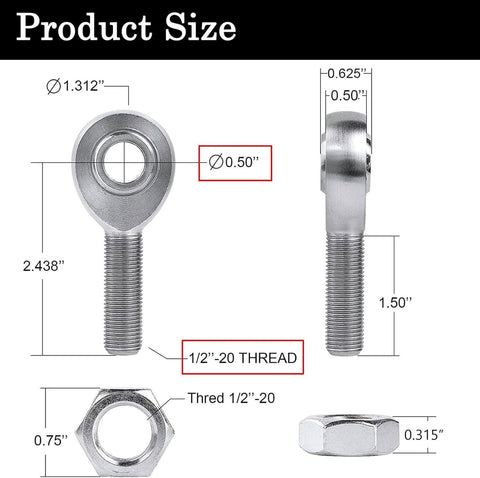 Diagram of 1/2 Heim Joints Rod End Kit with Right and Left Hand Threads, displaying measurements and thread size details.