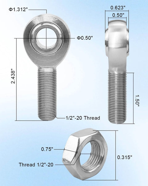 Dimensions of 1/2 Heim Joints Rod End Kit with Left and Right Hand Threads, Chromoly Hard Chrome Plated Panhard Rod Ends included