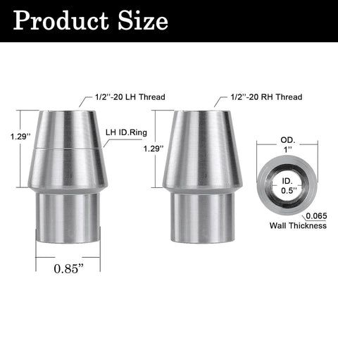 1/2 Heim Joints Rod End Kit with Right and Left Hand Threads, chromoly bungs with dimensions and thread markings for suspension use