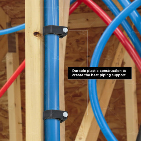 Highcraft ID234x50 half clamp with nail for 1/2 in PEX tubing; black plastic securing blue PEX tubing to a wooden stud