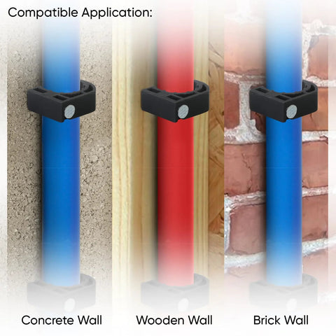 Highcraft 1/2 in black half clamp with nail for PEX tubing, 3 clamps shown on concrete, wood and brick walls