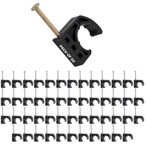 Front view of black Highcraft 1/2 in half clamp with nail for PEX tubing, pack of 50, pipe support