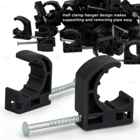 Highcraft ID234x50 half clamp with nail for 1/2 in PEX pipe, black, two clamps shown