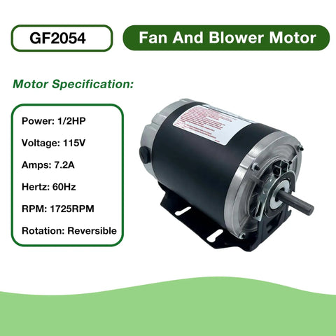 Half Horsepower Blower Motor For 115V HVAC Systems Belt Drive 1725 RPM 60 Hz 48 Frame 7.2A Reversible Rotation Replacement