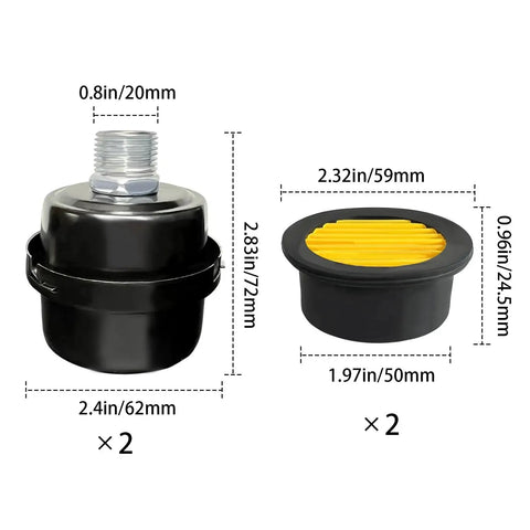 Two Pack Half Inch Thread Air Compressor Silencer Filter With 20mm Metal Noise Muffler Intake Filter Replacement, dimensions shown.