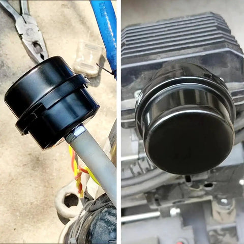 Two Pack Half Inch Thread Air Compressor Silencer Filter with 20mm Metal Noise Muffler, installed on equipment, side view