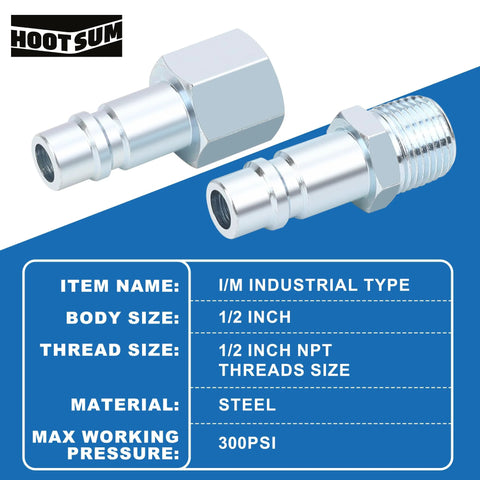 One Half Inch Air Hose Fittings Set With High Flow Industrial Style Coupler And Plugs Three Piece Steel Quick Connect Kit For Air Compressors 300 PSI Rating Includes Half Inch MNPT And Half Inch NPT Plugs shown in steel with specifications.