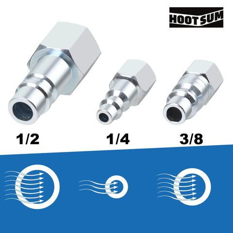 Half Inch Air Hose Fittings Set High Flow Pro Grade Industrial Type Coupler And Plug Quick Connect Kit displayed in various sizes