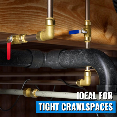 Half Inch Shut Off Ball Valve Pack Of 2, Push To Connect Water Shutoff Valves With Red And Blue Handles, installed in crawlspace.