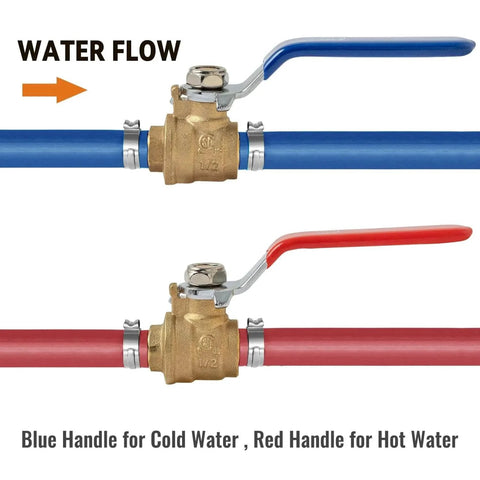 Ten Pack PEX Ball Valve One Half Inch Full Port Quarter Turn Crimp Shut Off Valve For Hot And Cold Water Red And Blue Pack
