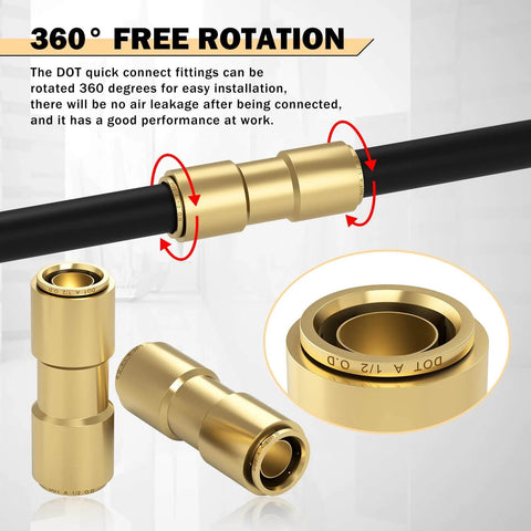 Six Pack One Half Inch Brass DOT Air Line Fittings Straight Union Quick Connects For Semi Trucks And Industrial Air Systems