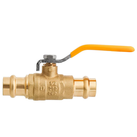 Side view of 1/2-inch brass press ball valve with orange lever handle and pressed copper ends