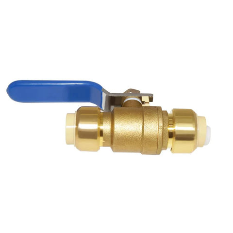 Half Inch Push Fit Full Port Ball Valve Shut Off Water Valve Push To Connect For PEX Copper CPVC PE RT Solid Brass Blue Easy Install No Soldering Tools Required DIY Friendly Home Plumbing Upgrade brass valve with blue handle