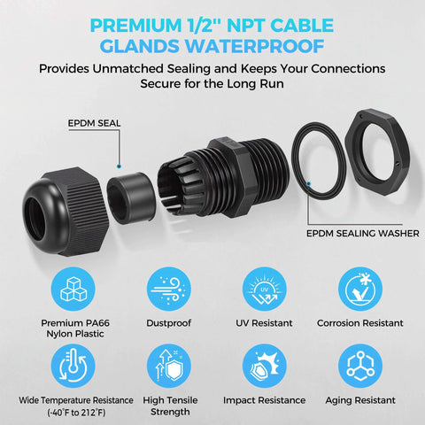 10 Pack Half Inch NPT Waterproof Cable Glands IP68 Rugged Heavy Duty Nylon PA66 Strain Relief Wire Grommet Cord Grip For 6 To 12mm Cables Junction Box parts