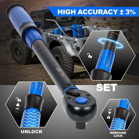 UPGRADE 1/2" Drive Click Torque Wrench,10-180ft.lb,Dual-Direction,72 Tooth for Bike, Motorcycle, close-up with lock indicators