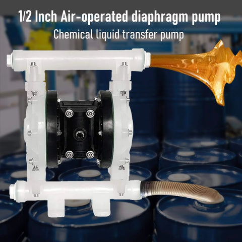 EMAGENE Air-Operated Double Diaphragm Pump with 1/2 inch inlet and outlet, polypropylene body, for solvent and industrial use