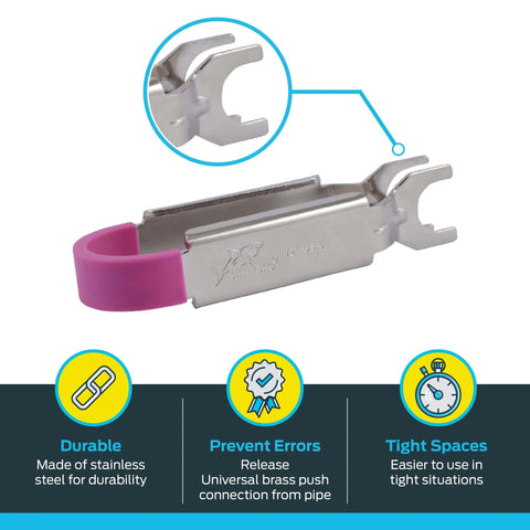 Half Inch Disconnect Tongs For Push To Connect Brass Fittings Quick Tool Free Release For Copper PEX CPVC CTS And More Designed For Tight Spaces And One Handed Plumbing Jobs With Easy Grip And Smooth Removal shown in stainless steel with pink handle