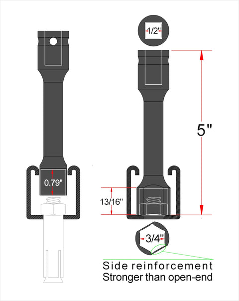 Diagram of 3/4 Inch Socket For 1 5/8 Inch Wide Strut Channel With 5 Inch Length Made From 42CrMo Alloy Steel Heat Treated