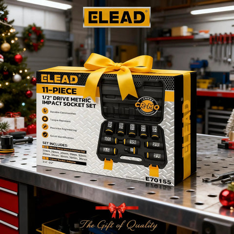 11-Piece One Half Inch Drive Deep Impact Socket Set in package on a workshop bench, suitable for car spindle joint and truck bearing locknut.