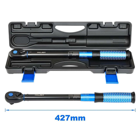 UPGRADE 1/2" Drive Click Torque Wrench, 10-180 ft.lb, Dual-Direction Adjustable, with case, shown with blue handle.